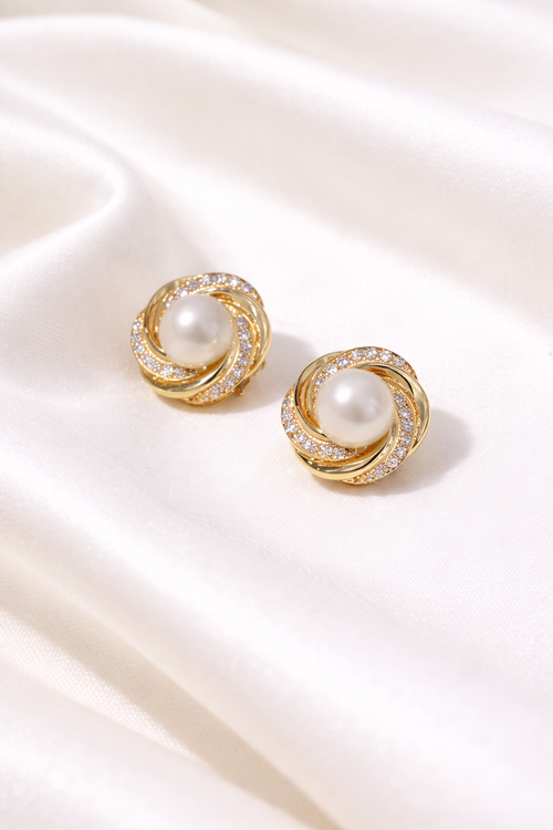 14K Gold Pearl & Pave Swirl Stud Earring